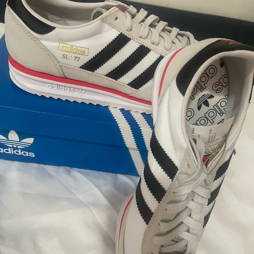 Adidas White Sneakers with Black Stripes and red Trim